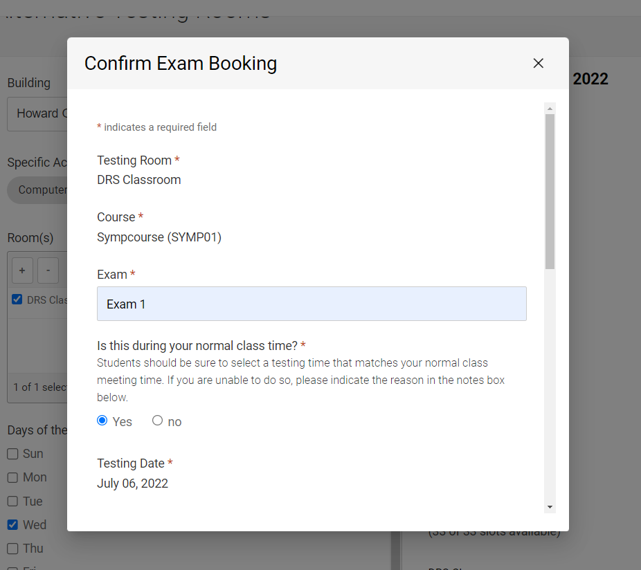 MyDRS confirm booking popup form field. 